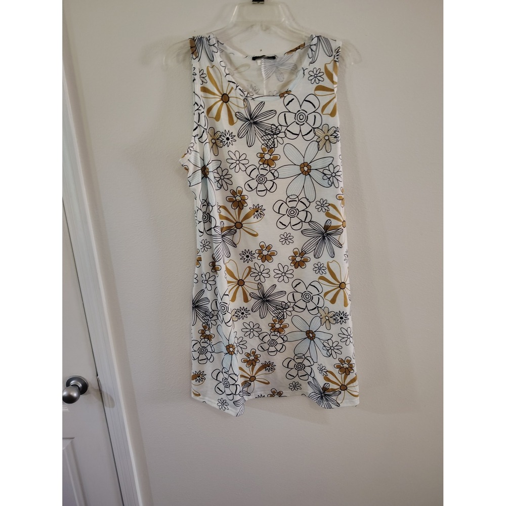 Camisa Womens XXL Floral‎ Sleeveless Shift Dress White Yellow Blue Retro Print